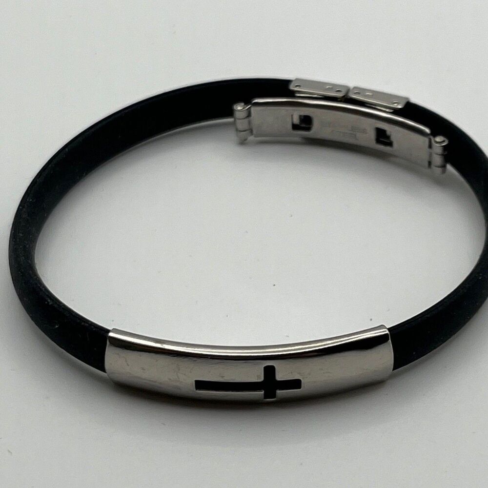 Bracelet Rubber Cross Whimsy Goth  Dark Y2K Stainless Steel Clasp Black  7"